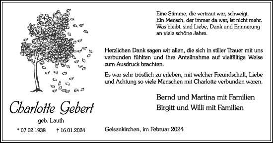 Traueranzeige von Charlotte Gebert von Tageszeitung