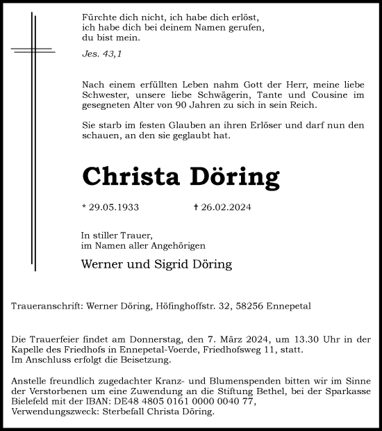 Traueranzeige von Christa Döring von Tageszeitung