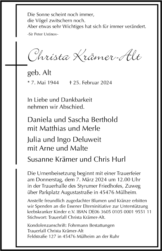 Traueranzeige von Christa Krämer-Alt von Tageszeitung