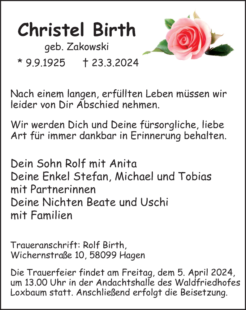  Traueranzeige für Christel Birth vom 30.03.2024 aus Tageszeitung