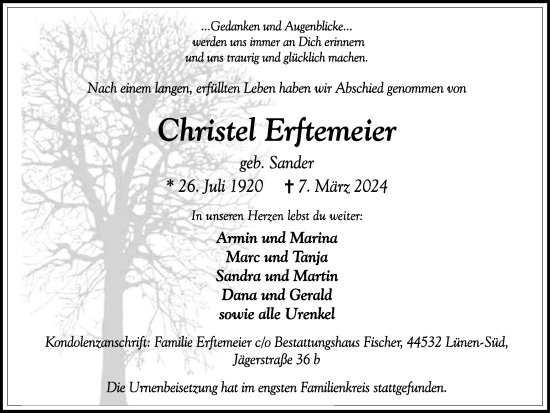 Traueranzeige von Christel Erftemeier von Tageszeitung