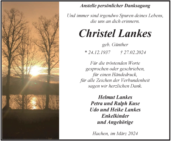 Traueranzeige von Christel Lankes von Tageszeitung