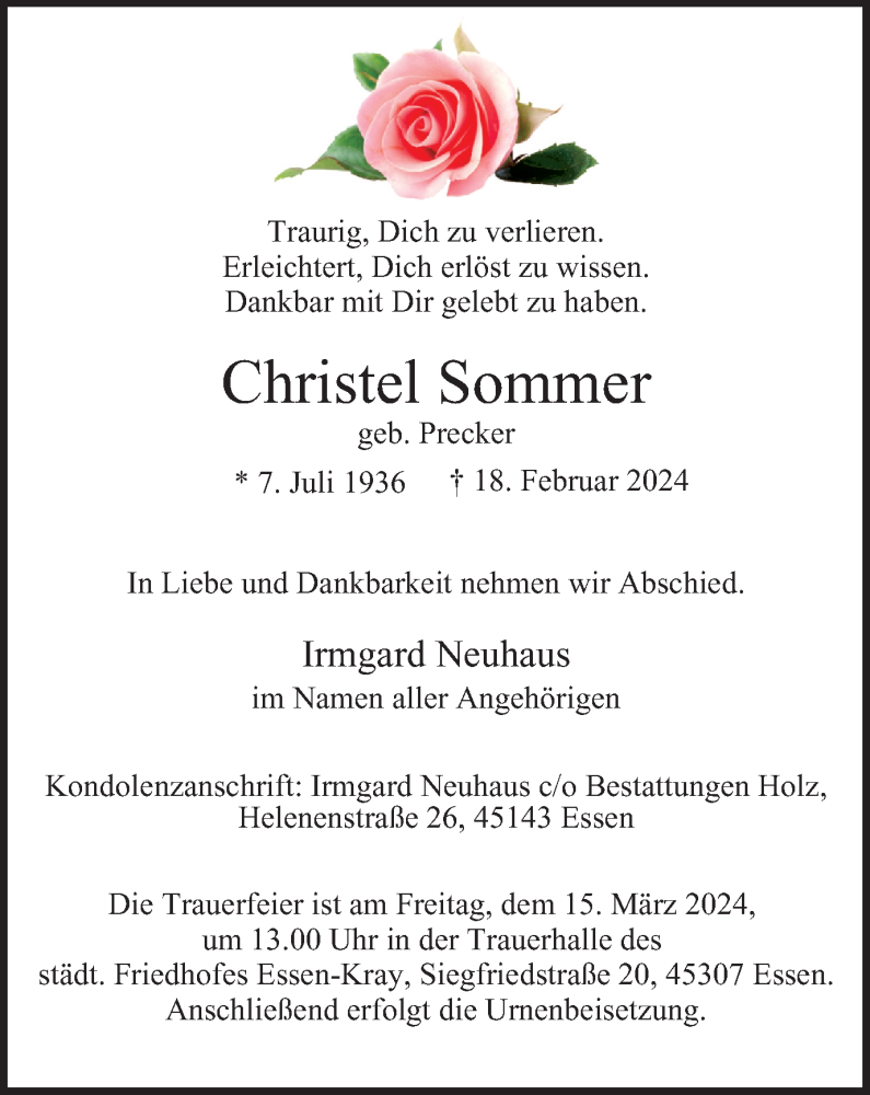  Traueranzeige für Christel Sommer vom 09.03.2024 aus Tageszeitung