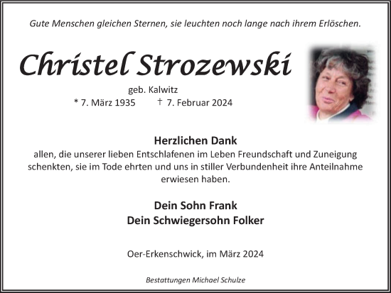 Traueranzeige von Christel Strozewski von Tageszeitung