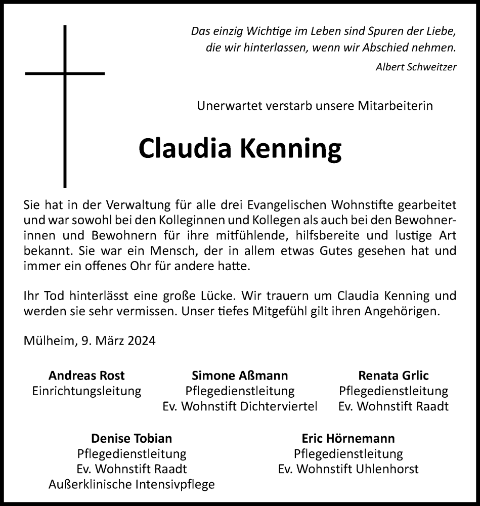  Traueranzeige für Claudia Kenning vom 09.03.2024 aus Tageszeitung