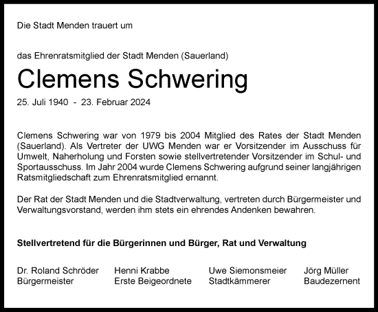 Traueranzeige von Clemens Schwering von Tageszeitung