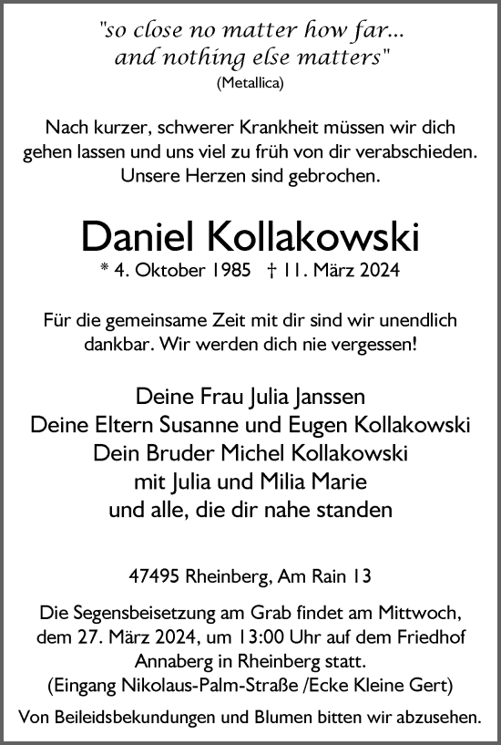 Traueranzeige von Daniel Kollakowski von Tageszeitung