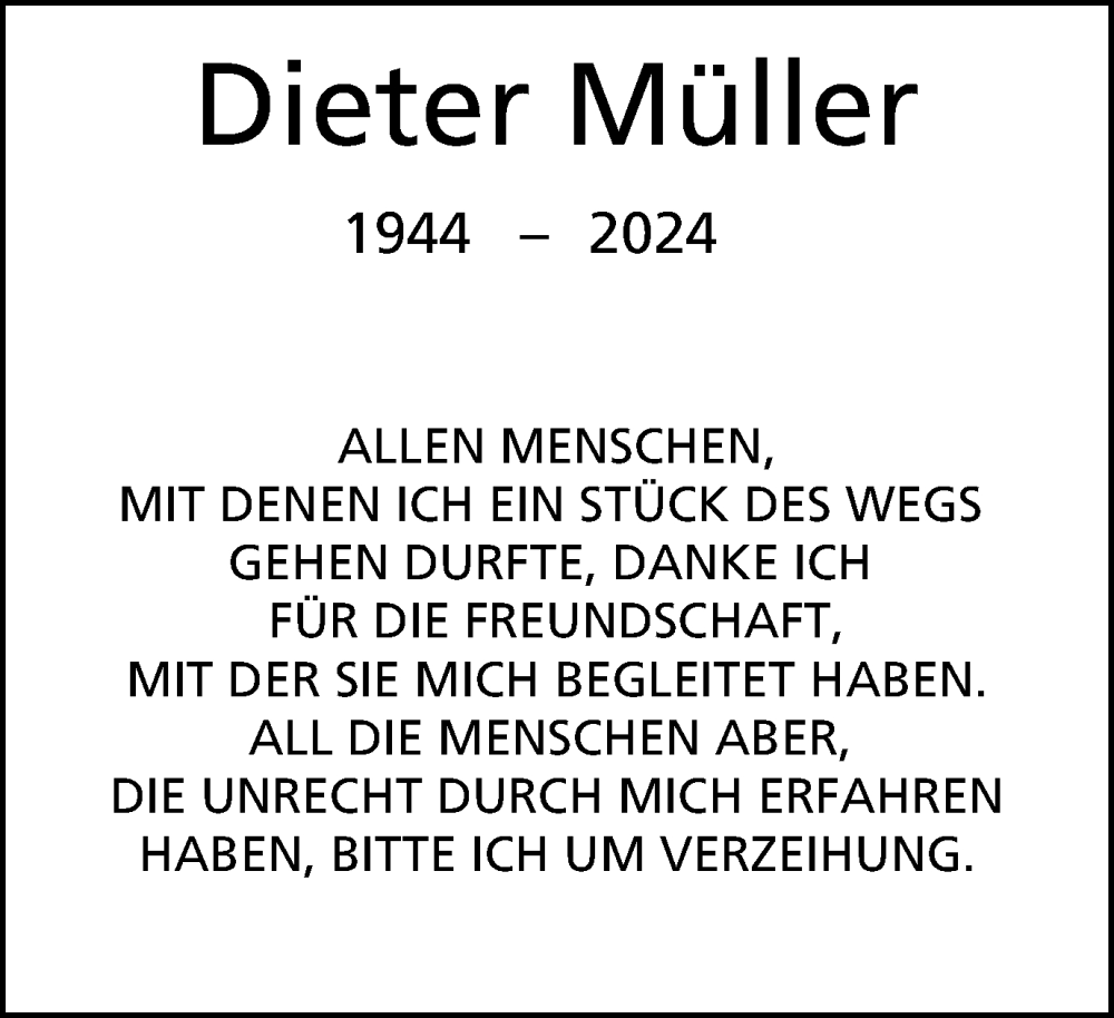  Traueranzeige für Dieter Müller vom 09.03.2024 aus Tageszeitung