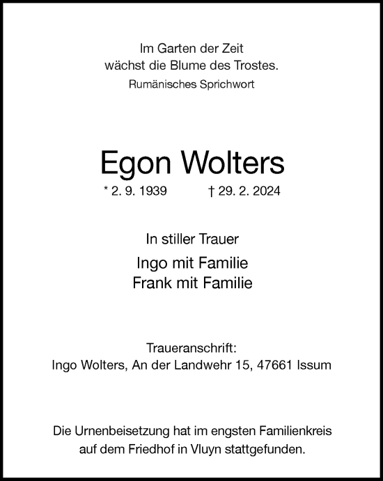 Traueranzeige von Egon Wolters von Tageszeitung