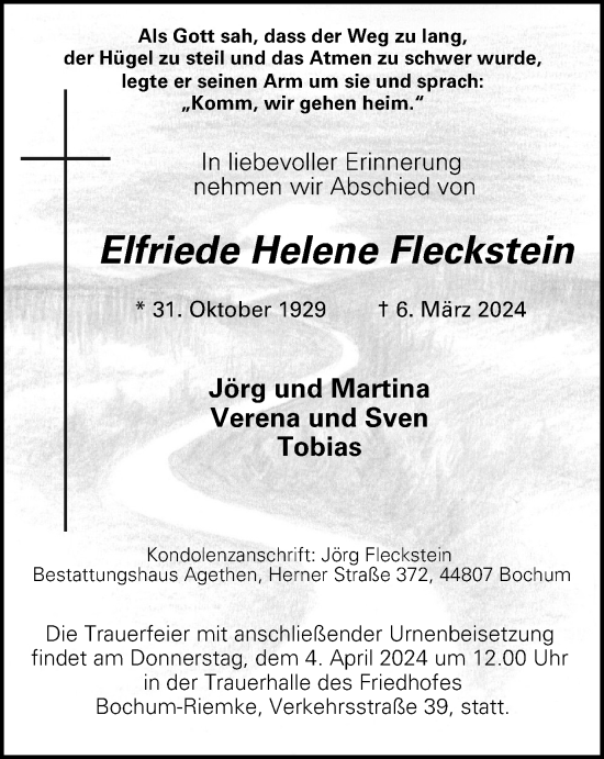 Traueranzeige von Elfriede Helene Fleckstein von Tageszeitung