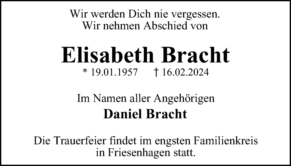  Traueranzeige für Elisabeth Bracht vom 02.03.2024 aus Tageszeitung