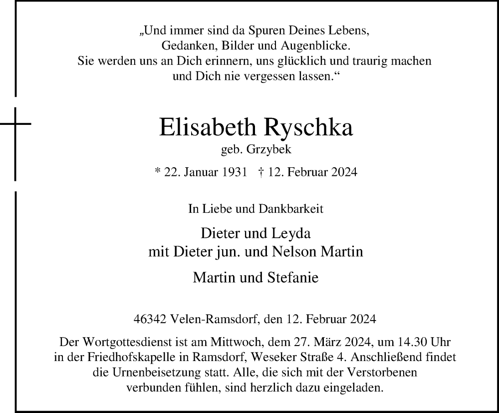  Traueranzeige für Elisabeth Ryschka vom 16.03.2024 aus Tageszeitung