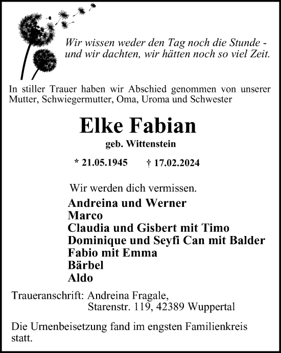 Traueranzeige von Elke Fabian von Tageszeitung