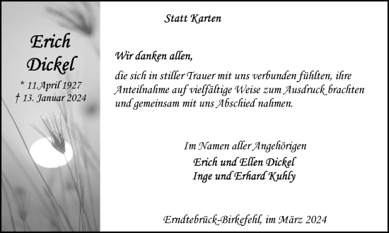 Traueranzeige von Erich Dickel von Tageszeitung