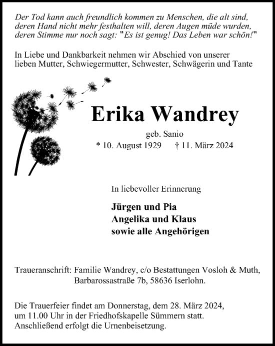 Traueranzeige von Erika Wandrey von Tageszeitung