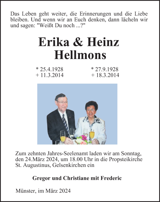 Traueranzeige von Erika und Heinz Hellmons von Tageszeitung