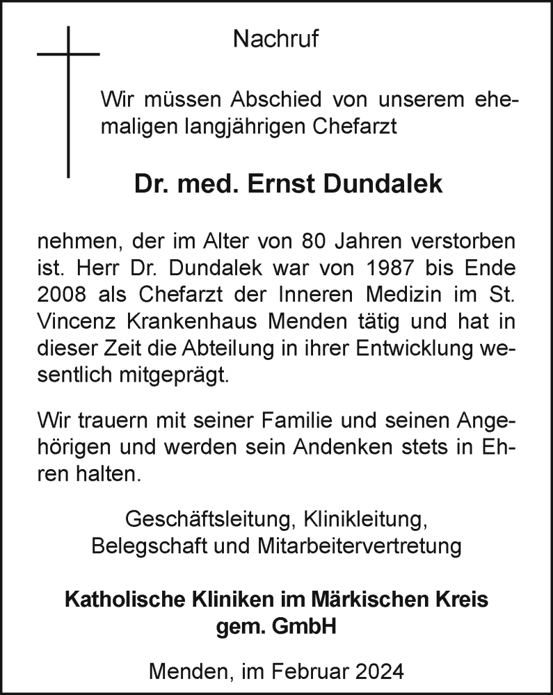  Traueranzeige für Ernst Dundalek vom 02.03.2024 aus Tageszeitung