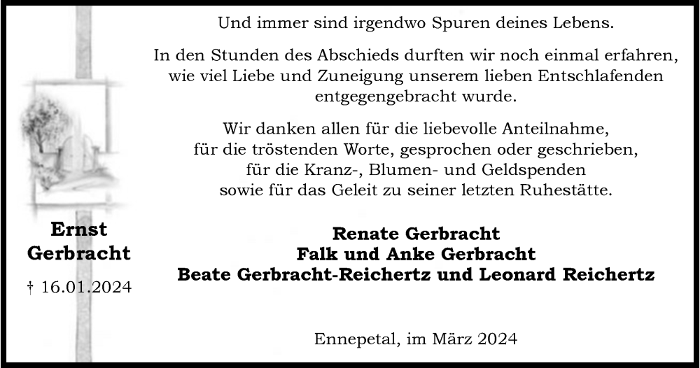  Traueranzeige für Ernst Gerbracht vom 02.03.2024 aus Tageszeitung