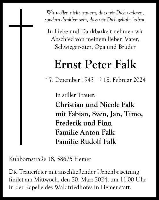 Traueranzeige von Ernst Peter Falk von Tageszeitung