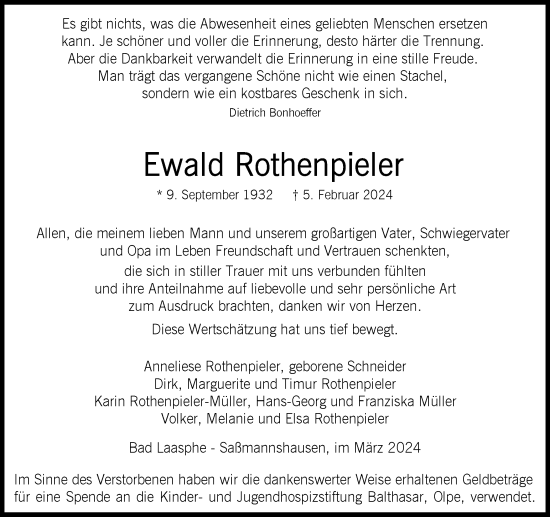 Traueranzeige von Ewald Rothenpieler von Tageszeitung