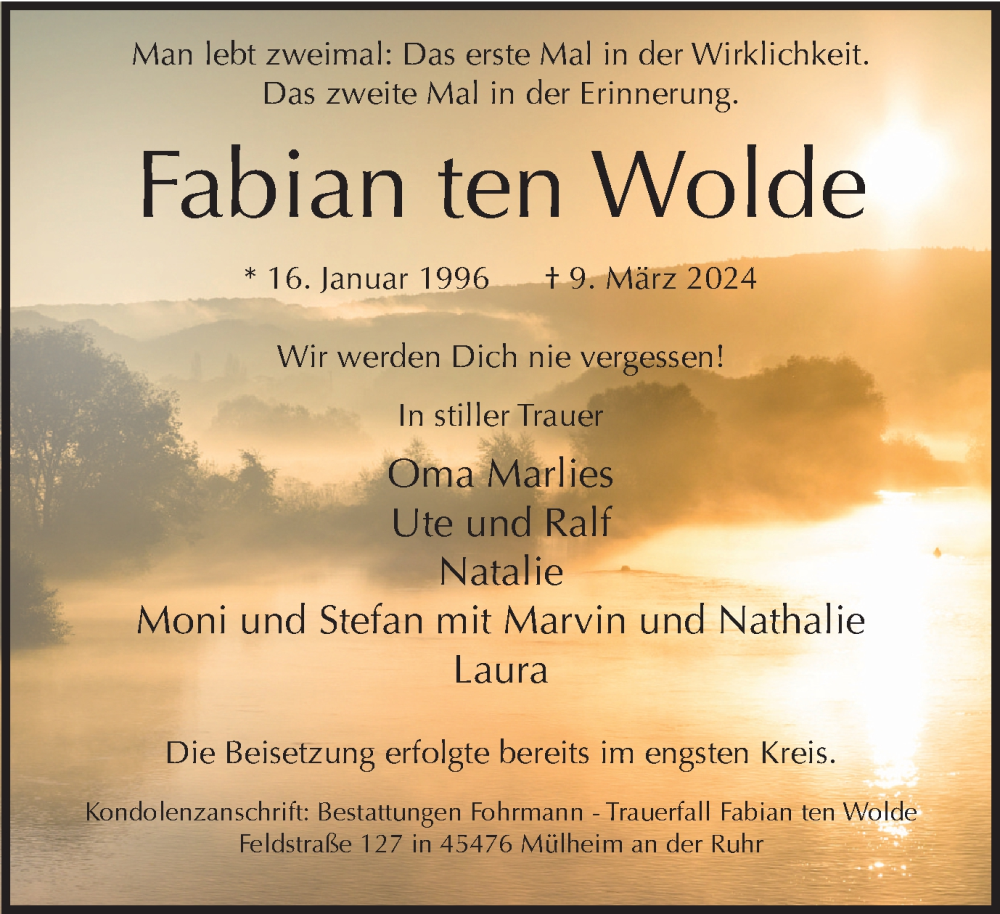  Traueranzeige für Fabian ten Wolde vom 30.03.2024 aus Tageszeitung