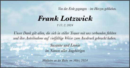 Traueranzeige von Frank Lotzwick von Tageszeitung