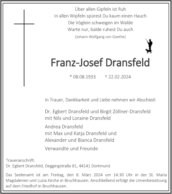 Traueranzeige von Franz-Josef Dransfeld von Tageszeitung