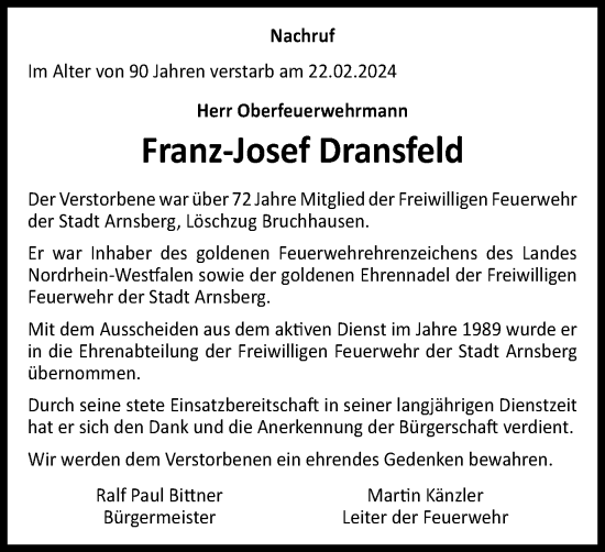 Traueranzeige von Franz-Josef Dransfeld von Tageszeitung
