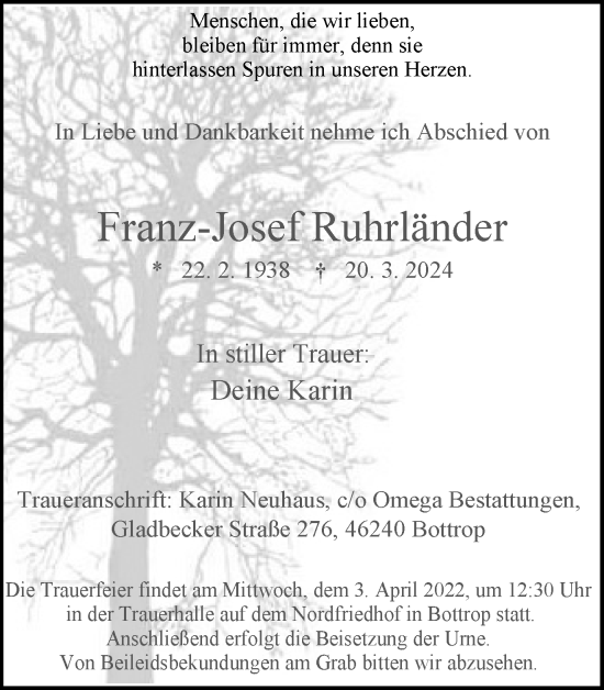 Traueranzeige von Franz-Josef Ruhrländer von Tageszeitung