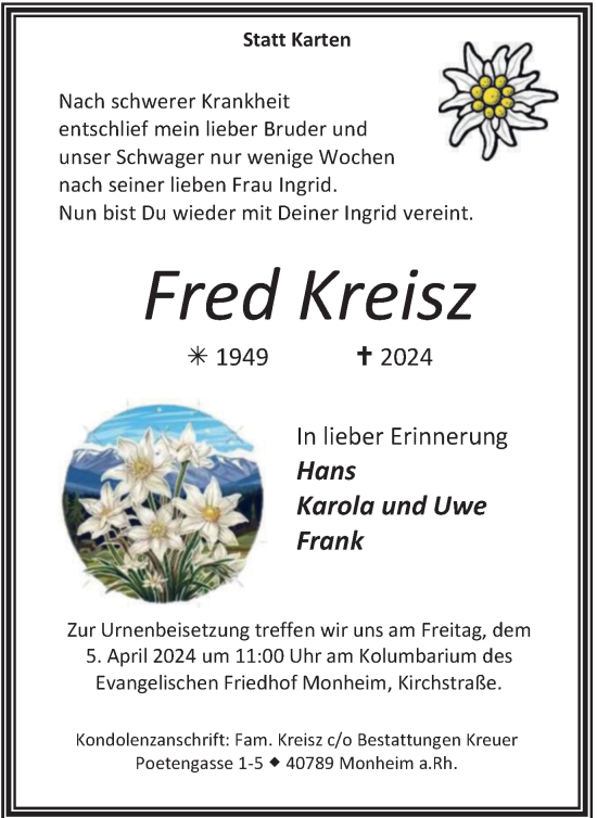 Traueranzeige von Fred Kreisz von Tageszeitung