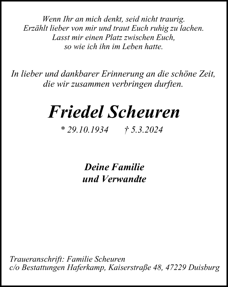  Traueranzeige für Friedel Scheuren vom 30.03.2024 aus Tageszeitung