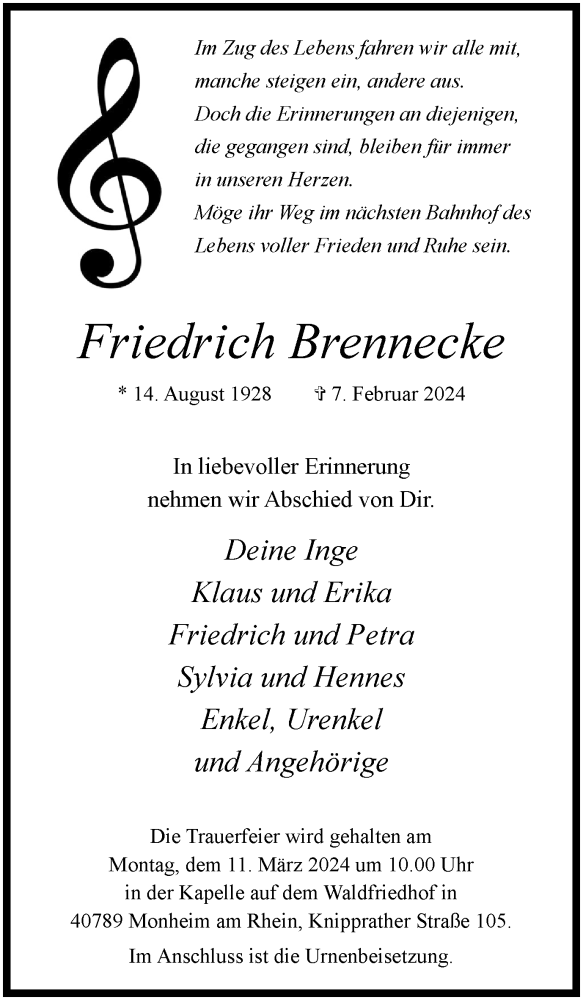  Traueranzeige für Friedrich Brennecke vom 02.03.2024 aus Tageszeitung
