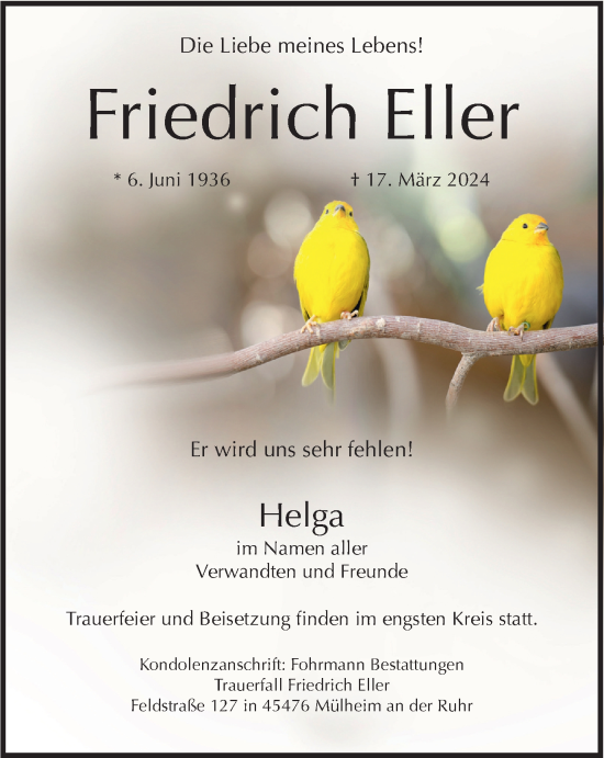 Traueranzeige von Friedrich Eller von Tageszeitung