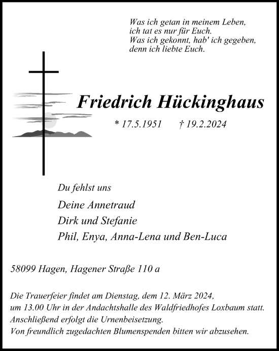 Traueranzeige von Friedrich Hückinghaus von Tageszeitung