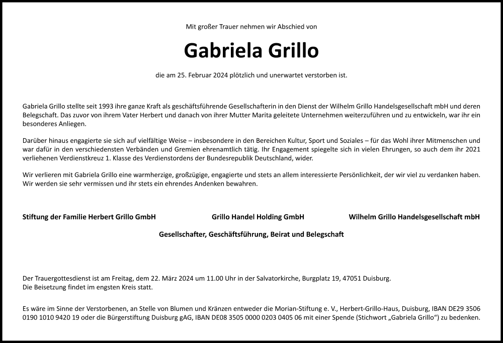  Traueranzeige für Gabriela Grillo vom 16.03.2024 aus Tageszeitung