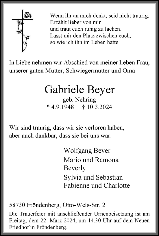 Traueranzeige von Gabriele Beyer von Tageszeitung