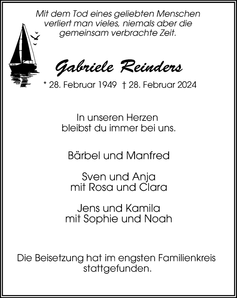  Traueranzeige für Gabriele Reinders vom 09.03.2024 aus Tageszeitung