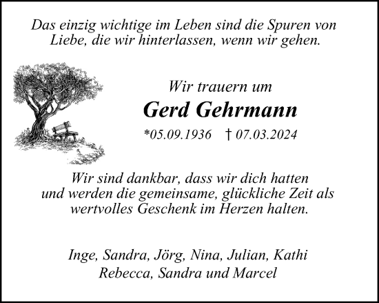 Traueranzeige von Gerd Gehrmann von Tageszeitung