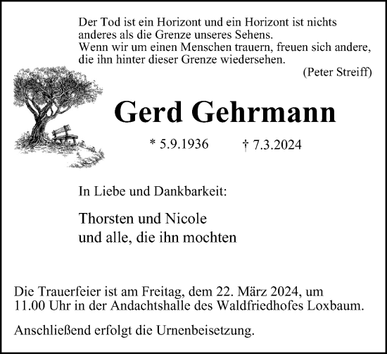 Traueranzeige von Gerd Gehrmann von Tageszeitung