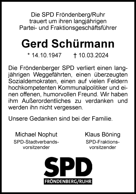 Traueranzeige von Gerd Schürmann von Tageszeitung
