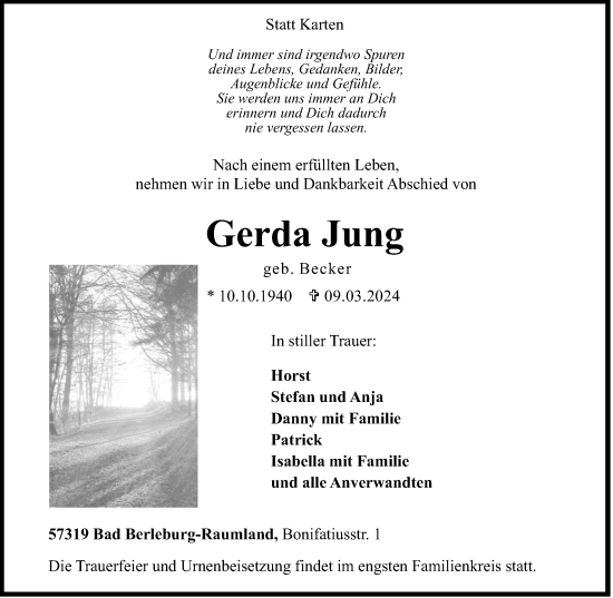 Traueranzeige von Gerda Jung von Tageszeitung