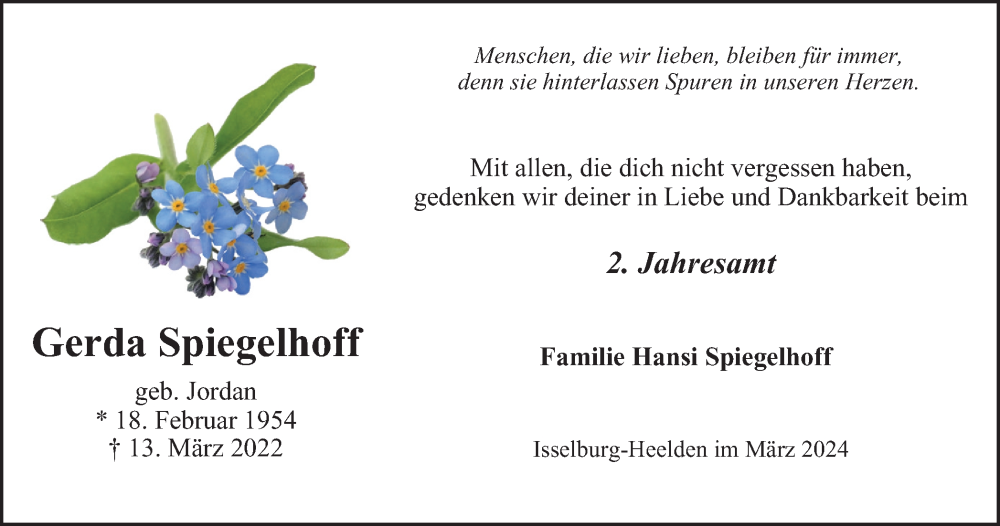 Traueranzeige für Gerda Spiegelhoff vom 16.03.2024 aus Tageszeitung