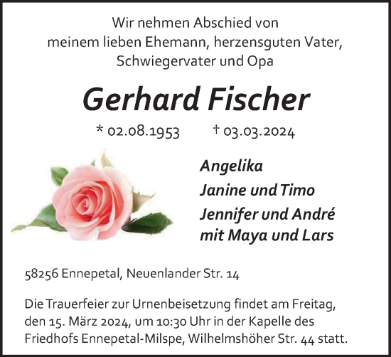 Traueranzeige von Gerhard Fischer von Tageszeitung