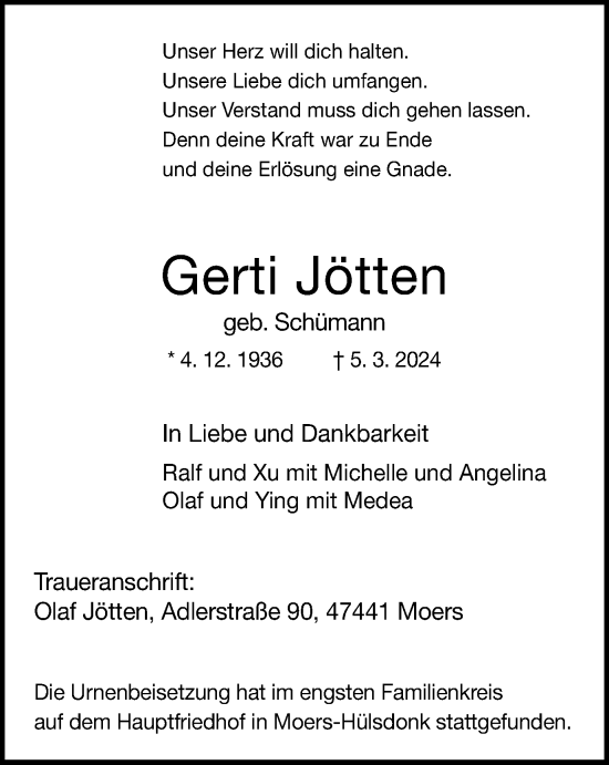 Traueranzeige von Gerti Jötten von Tageszeitung