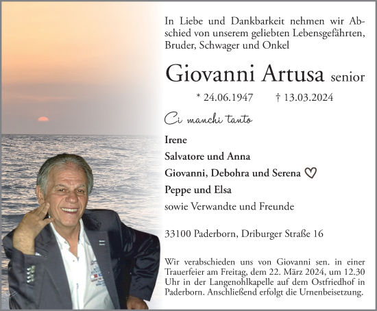 Traueranzeige von Giovanni Artusa von Tageszeitung