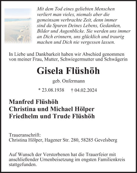 Traueranzeige von Gisela Flüshöh von Tageszeitung