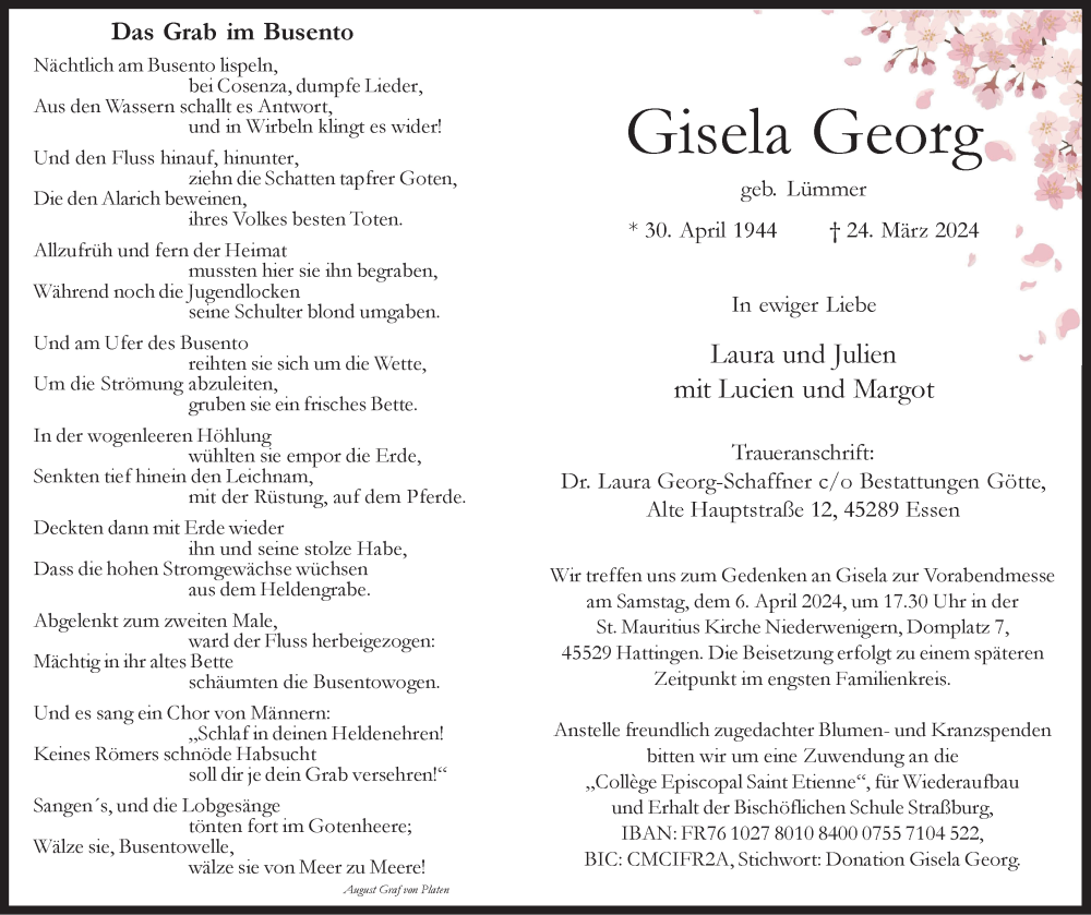  Traueranzeige für Gisela Georg vom 30.03.2024 aus Tageszeitung