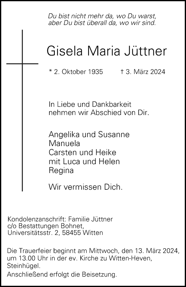  Traueranzeige für Gisela Maria Jüttner vom 09.03.2024 aus Tageszeitung
