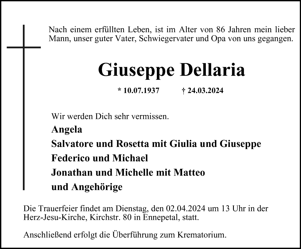  Traueranzeige für Giuseppe Dellaria vom 30.03.2024 aus Tageszeitung