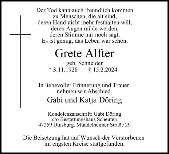 Traueranzeige von Grete Alfter von Tageszeitung